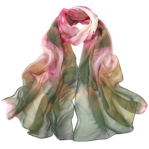 Dancila Foulard En Soie Pour Femmes - Floral Imprimé Mousseline De Soie Écharpe Wrap 155 * 50cm - Châles Tube (Mixte Vert/Rouge)