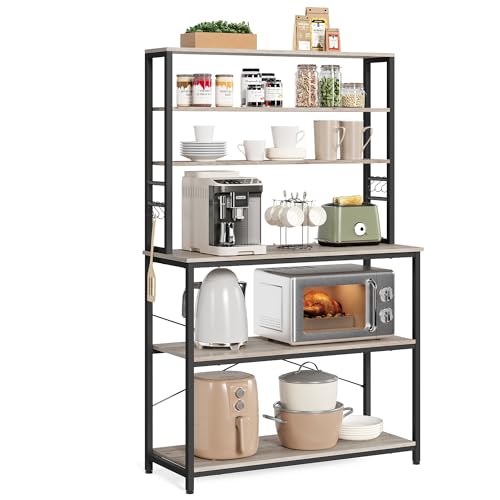 Image of VASAGLE Coffee Bar, 39.4 Inches Baker's Rack for Kitchen with Storage, 6-Tier Kitchen Shelves with 6 Hooks, Microwave Stand, Industrial, Heather Greige and Ink Black UKKS039K02