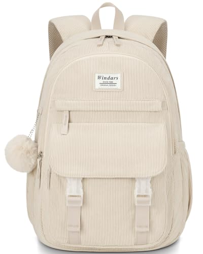 WINDARS Mochila escolar para adolescentes, grande bolsa de veludo cotelê, linda bolsa para laptop de 15,6 polegadas para meninas e mulheres para estudantes de enfermagem, Bege, 15.6 inch