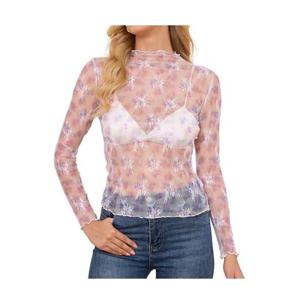 XZQTIVE Womens Mesh Long Sleeve Top See Through Mock Neck Party Club Night Floral Lace Layering Tops Blouse