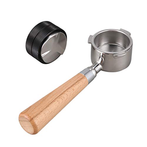 EnthhLt Einen Bodenlosen Espresso Maschinen Filter Griff Aus Holz mit 51 Mm Edelstahl und Pulver Verdichter