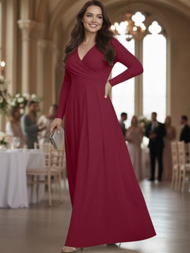 Image of KOH KOH Womens Long Sleeve V-Neck Flowy Modest Elegant Evening Maxi Dress