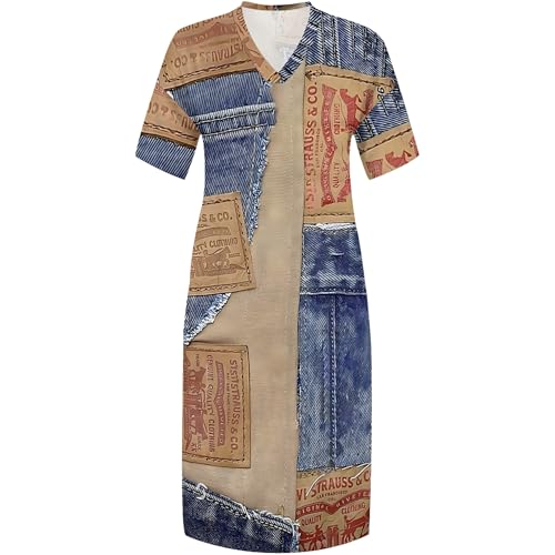 Image of SUZONANA Plus Size Denim Print Shirt Maxi Dresses for Curvy Women Casual Blue Jean Summer Outfits Long Short Sleeve Dress with Pockets Ladies XL