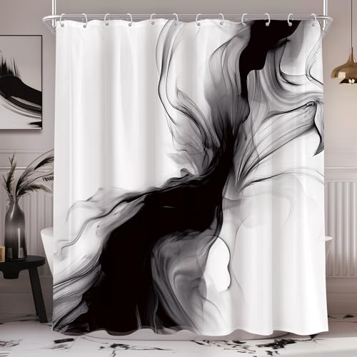 Cinbloo Black and White Shower Curtain 60Wx72H Abstract Bathroom Decor for Men Modern Ombre Grey Minimalist Marble Shower Curtain Set Elegant Ink Texture Neutral Shower Curtain Fabric with 12 Hooks