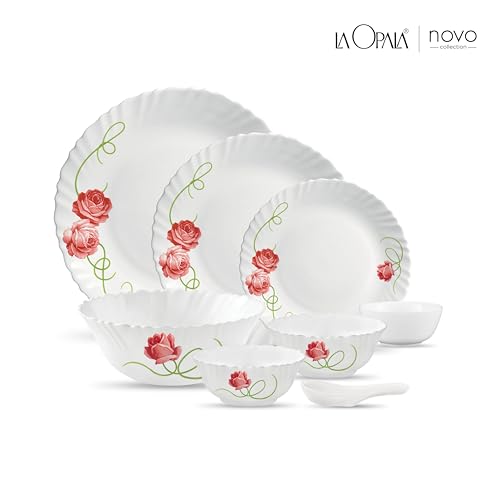 Image of La Opala Novo Collection Opal Glass Crockery | for Family of 6 | Dinner Set 35 pcs Dainty Swirls | Plates & Bowls for Dining | Microwave Safe | 100% Vegetarian | Extra Strong | Light & White