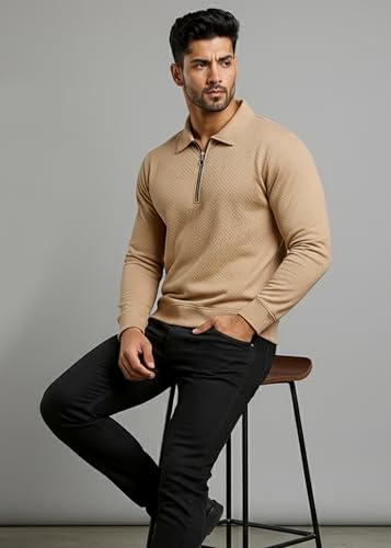 Image of Peppyzone Men's Full Sleeve Textured Polo T-Shirt with Collar | Stylish Chain Zip Tshirt for Man | Premium Polyester Lycra Stretch Fabric | Long Sleeve T Shirt for Men