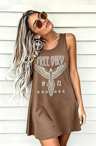 Image of Vintage Rock Country Music Dress for Women Rock Concert Band Graphic Tshirt Casual Letter Print Short Dress