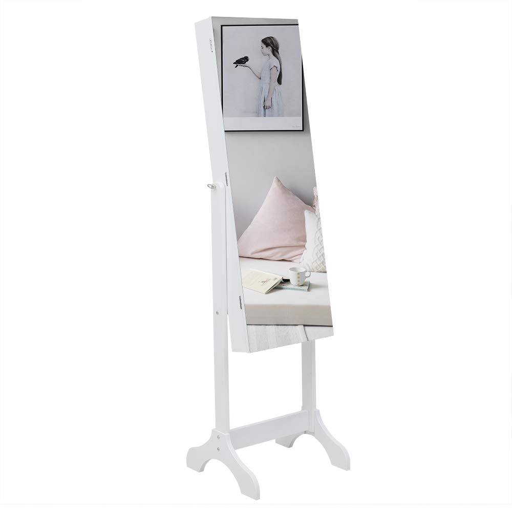 LEADZM Armoire à Bijoux sur Pieds, Meuble de Rangement Cosmétiques, Organisateur de Bijoux avec Grand Espace de Rangement pour Chambre, Placard à Accessoires avec Miroir, Verrouillable, Blanc Boisé