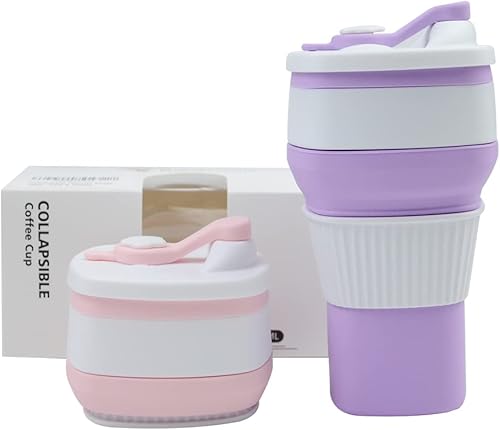 Paquete de 2 tazas plegables de silicona con tapa, a prueba de fugas, para el hogar, oficina, viajes, gimnasio, campamento, senderismo, ciclismo,