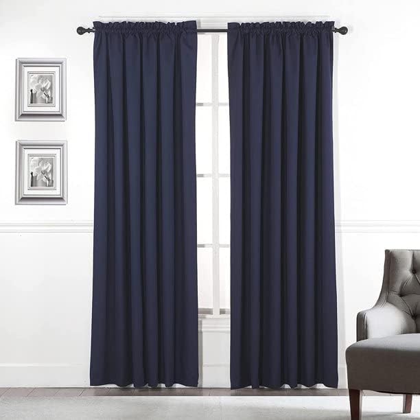 2 Piece 100% Blackout Solid Room Darkening Rod Pocket Window Curtain Panel Pair, 52" Wide x 84" Long, Navy Blue