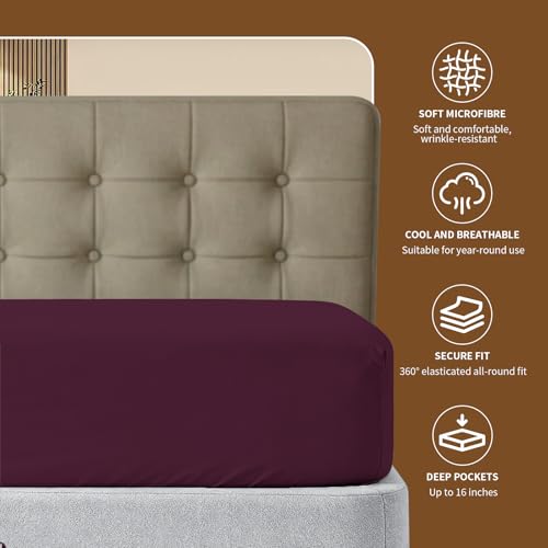 Image of HBHLFZ Queen Fitted Sheet Only, Soft Breathable Bottom Sheet - 60 inchx80 inch Deep Pockets Queen Size Fitted Sheet - All Around Stretch Fit, Wrinkle Resistant, Colorfast - Easy Care, Burgundy
