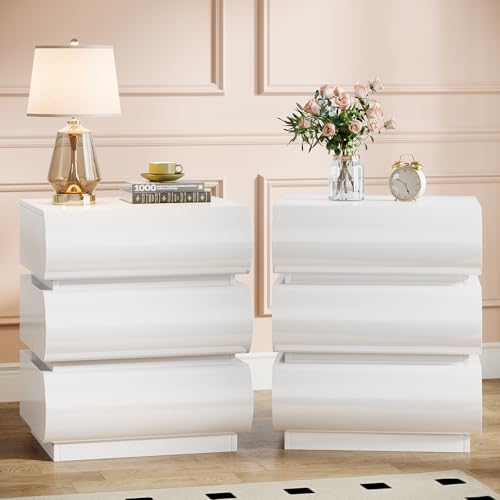 Tribesigns JW0848 White Nightstand Set Of 2, 3-Drawer High Gloss Bedside Table With Storage, Modern Wood Night Stand For Bedroom cover