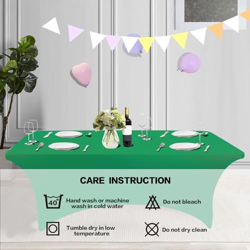 Image of IVAPUPU 2 Pack 4FT Table Cloth for Rectangular Fitted Events Stretch Emerald Green Table Covers Washable Cover Spandex Tablecloth Protector for Party, Wedding, Cocktail, Banquet, Festival