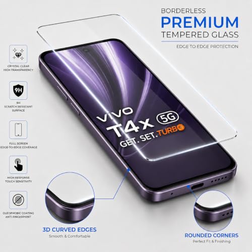 Image of ArmourPro 3D Borderless Tempered Glass for Vivo T4x and Vivo T3x, HD Clear Curved Edge to Edge Screen Protector, 9H Hardness, Oleophobic Coating, Case Friendly | Pack of 1