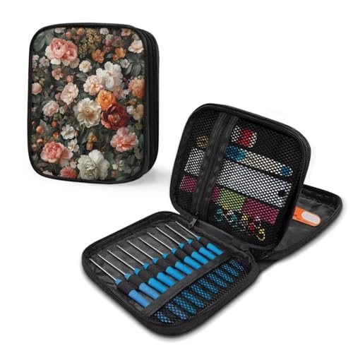 Image of Multicolored Rose Crochet Hook Case Crochet Hook Holder Portable Storage Bag with Web Pockets Suitable for Needles /Knitting Accessories