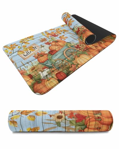 Debedcor Heat Proof Table Pads Waterproof Decorative, Hello Fall Non-Slip Table Countertop Protector, Farmhouse Pumpkin Maple Leaf Blue Wooden Insulation Mat for Dining Room, 48 x 12 Inches