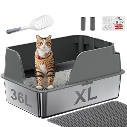 Non-stick Stainless Steel Litter Box, XL Side Opening Splash-Proof & Leak-Proof Seamless Seal, Ellenpent Large Capacity, Cat Litter Box with Lid for Multi-Cats, Large Cats, Easy-Clean & Durable (Gray)