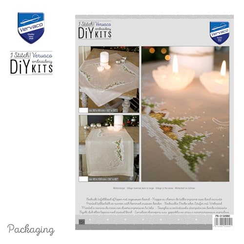 Image of Vervaco Embroidery Christmas Embroidery Kits Cross Stitch Table Runner DIY Set, Tablecloth to Embroider with Image on Cotton and Embroidery Thread, 16 x 40 Inches, Snow Village