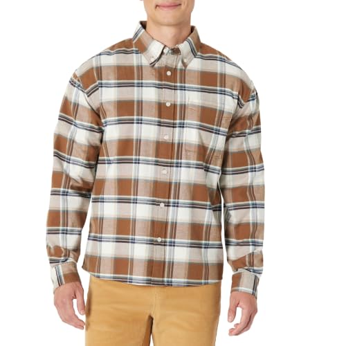Amazon Essentials Men's Modern Oversized-Fit Cotton Button-Down Oxford Shirt, Brown Mint Country Plaid, Small