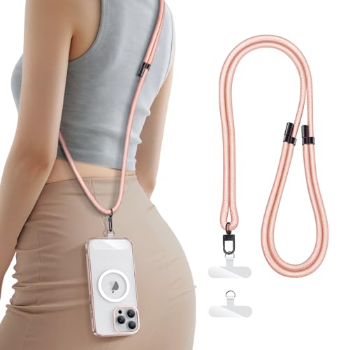 SSLOTSCASE for Phone Lanyard Crossbody with 2X TPU Clear Phone Tabs, Retractable Cellphone Lanyard, Premium Metal Buckles, Skin-Friendly, Universal Wrist Strap Leash for Women Men,Pink-Gold