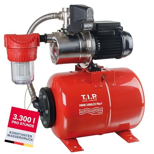 T.I.P. Hauswasserwerk Edelstahl mit Vorfilter (3.300l/h Fördermenge, 46m Förderhöhe, 4,6bar Druck, 800W, Installationsfertige Druckschaltung, 22l Stahl-Druckkessel, Manometer)HWW 1000/25 Plus F, 31144