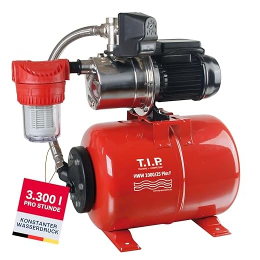 T.I.P. Hauswasserwerk Edelstahl mit Vorfilter (3.300l/h Fördermenge, 46m Förderhöhe, 4,6bar Druck, 800W, Installationsfertige Druckschaltung, 22l Stahl-Druckkessel, Manometer)HWW 1000/25 Plus F, 31144