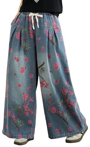 LAI MENG FIVE CATS Women's Casul Baggy Jeans Drawstring Elastic Waist Wide Leg Loose Denim Pants