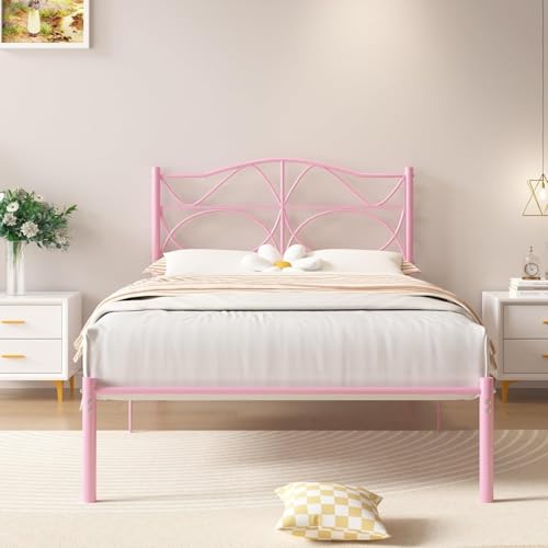 VECELO Twin Size Bed Frame, Pink Metal Bed Platform with Headboard, Sturdy Steel Slats Support, No Box Spring Needed/Noise-Free,Easy Assembly, Black