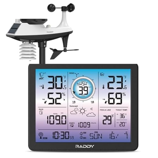 Raddy VP7 Station météo sans fil avec capteur extérieur 6 en 1 – Température, humidité, pression barométrique, pluviomètre, vitesse et direction du vent, écran 7,4" avec radio-réveil atomique