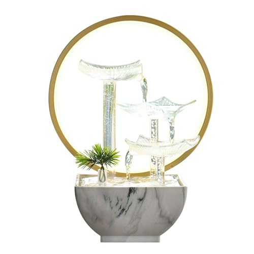 Tabletop Fountain Fuentes De Agua para Interior Tabletop Waterfall 3 Layers Glass Lotus Leaf White for Home Office Bedroom Living Room (3 Layers) (3 Layers with Light Ring)
