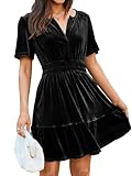 Simplee Women's Semi Formal Wedding Guest Velvet Black Mini Dress Knitted Notch Neck Winter Pleated Elastic High Waisted Flowy Swing Dress with Pockets (Black S)