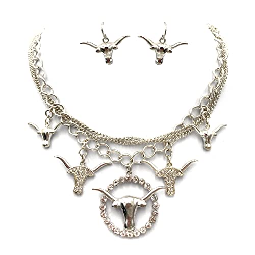 Western Peak Silver Western Texas Longhorn Chain Necklace with Earrings