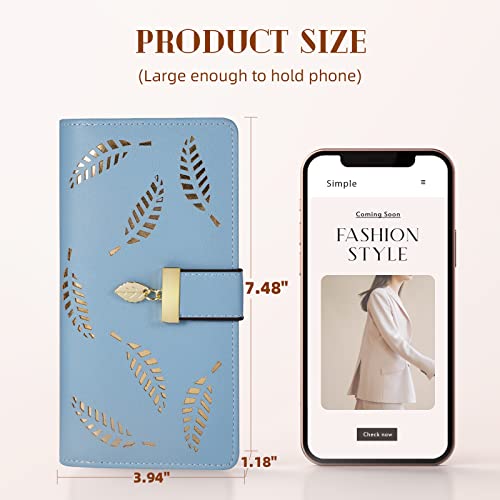 Image of Sweet Cute Chocolate Women's Long Leaf Bifold Wallet Leather Card Holder Purse Zipper Buckle Elegant Clutch Wallet Handbag for Women-Blue