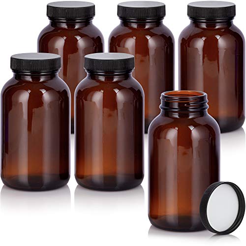 JUVITUS Amber 8 oz Glass Packer Bottle with Black Ribbed Lid (6 pack)
