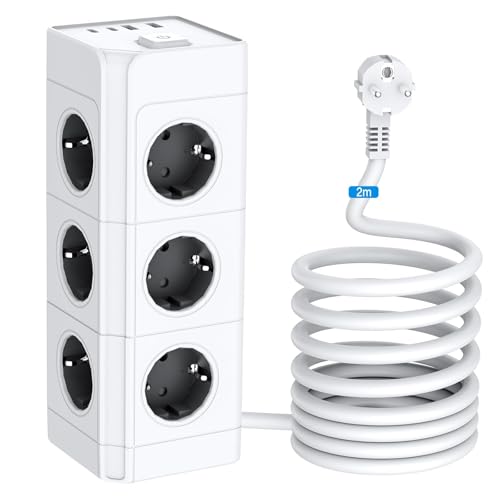 Multiprise 12 prises avec USB (2 USB-A + 2 USB-C), 230V/16A, 3680W, câble 2m – Tour multiprise verticale avec protection contre les surcharges et...