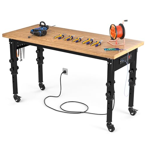 YITAHOME Work Bench 48" L X 20" W Adjustable Workbench for Garage W/Pegboard & Power Outlets Hardwood Top Heavy-Duty Workstation, 2000 LBS Load Capacity for Workshop, Office, Home Outdoor 48