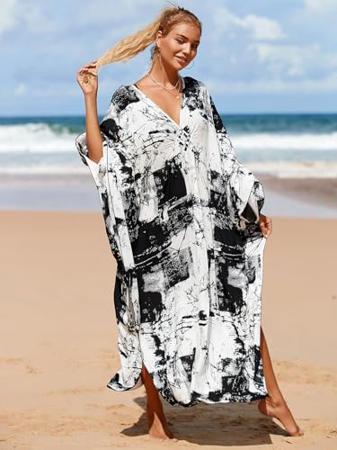 Image of IMAGEKOPE Women's Plus Size Animal Print V-Neck Batwing Kaftan Beach Dress Bathing Suit Cover-Up Loungewear