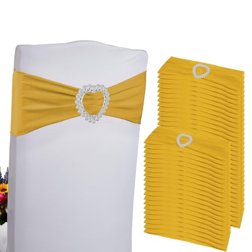Zrlljp 100PCS Spandex Stretch Gold Chair Sashes Bows Universal Elastic Chair Cover Bands Ties with Buckle Slider for Wedding Party Birthday Reception Event Banquet Decoration(Gold)