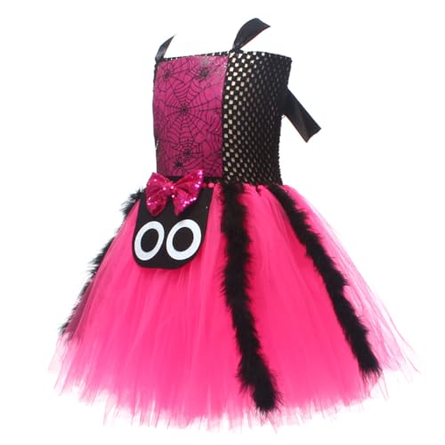 IBAKOM Girls Witch Costume Spider Ruffle Tulle Dress with 1 Pair Hair Clips and Broom Kids Spider Fancy Dress Up Outfit for Carnival Masquerade Party Pink 4-5Y - Image 3