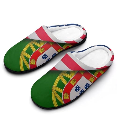 United States And Portugal Flags Women's Cotton Slippers Indoor Outdoor Slip-on Warm House Shoes with Anti-Skid Rubber Sole