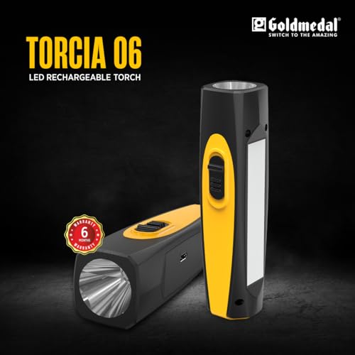 Image of Goldmedal Torcia 06 1+3W LED Rechargeable Torch -Cool Daylight(6500K)|1200 mAh Li-ion Battery |Battery Back-up Upto 4 Hrs |Type-C Charging| Deep Discharge Protection |Powerful 1W Front & 3W Side Light
