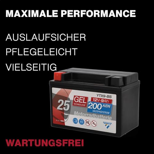 CARTEC Motorradbatterie YTX9-BS, 9Ah, 200A, Gel Technologie Motorrad-Starter-Batterie, Erstausrüsterqualität, zyklenfest, lagerfähig, wartungsfrei, schwarz