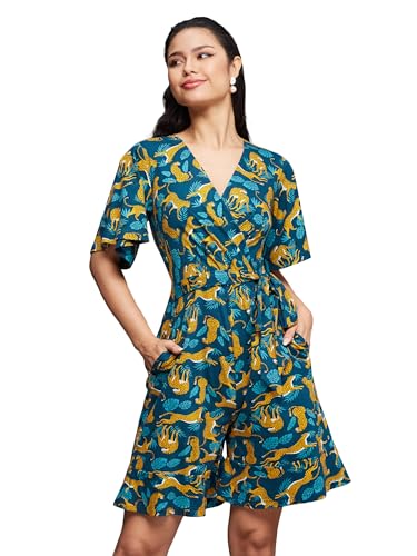 Image of Miss Chase Women's V Neck Half Sleeve Conversational Printed Wrap Knee Long Playsuit