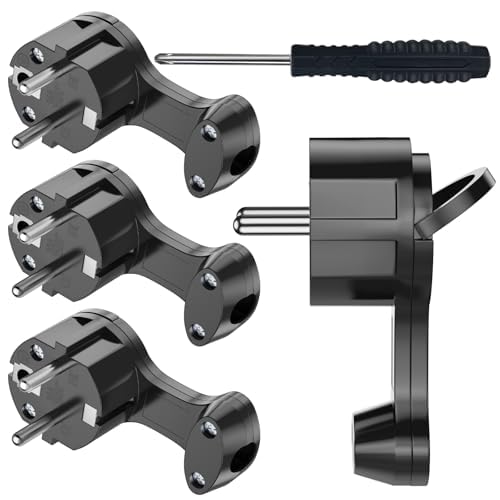 [4 Stück] Elektrische Schuko Stecker, Extraflach Schutzkontakt Winkelstecker mit Klappgriff, 250V 16A für Kabel bis 3x1,5 mm² Flachstecker Eurostecker, Schwarz