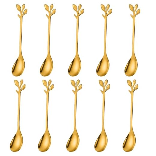 Stainless Steel Gold Leaf Coffee Spoon--AnSaw 10 Pcs Creative Tableware Dessert Spoons, Stirring, Mixing, Sugar, Stir, Ice Cream, Cake, Teaspoon Set (Gold-10Spoon)