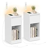 VASAGLE Juego de 2, Mesita de Noche Estrecha, Mesa Auxiliar, con Iluminación LED, 1 Puerto USB-A, 1 Puerto USB-C, Cajón y Compartimento, Dormitorio, Salón, Blanco Nube LET710W01