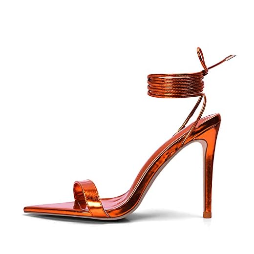 GENSHUO Womens Stiletto High Heeled Sandals,Strappy Lace up Heels Metallic Pointed toe Tie up Heels Shoes Orange Size 9