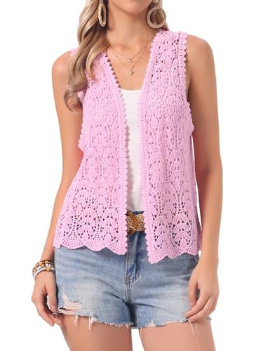 Image of Allegra K Women's Floral Crochet Hollow Out Sleeveless Open Front Boho Vest Cardigan