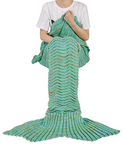 Mermaid Tail Blanket for Teen Girls with Anti-Slip Neck Strap Wave Pattern | Soft Sleeping Bag for All Seasons Green