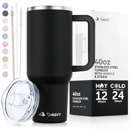 tweevo 40 oz Tumbler With Handle and Straw Made of Stainless Steel - Double Wall Vacuum Insulated Tumbler With Lid - Sweat Proof Easy Grip, BPA-Free, Dishwasher Safe Tumbler (Black)